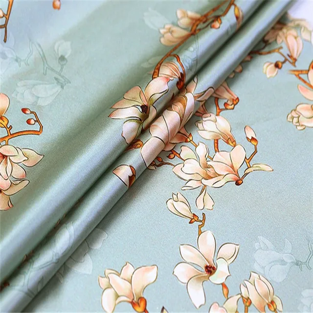 
 Цветочный дизайн магнолии Шелковый спандекс с цифровой печатью 19 момме 108 см шелк стрейч атласная ткань для чонсам  