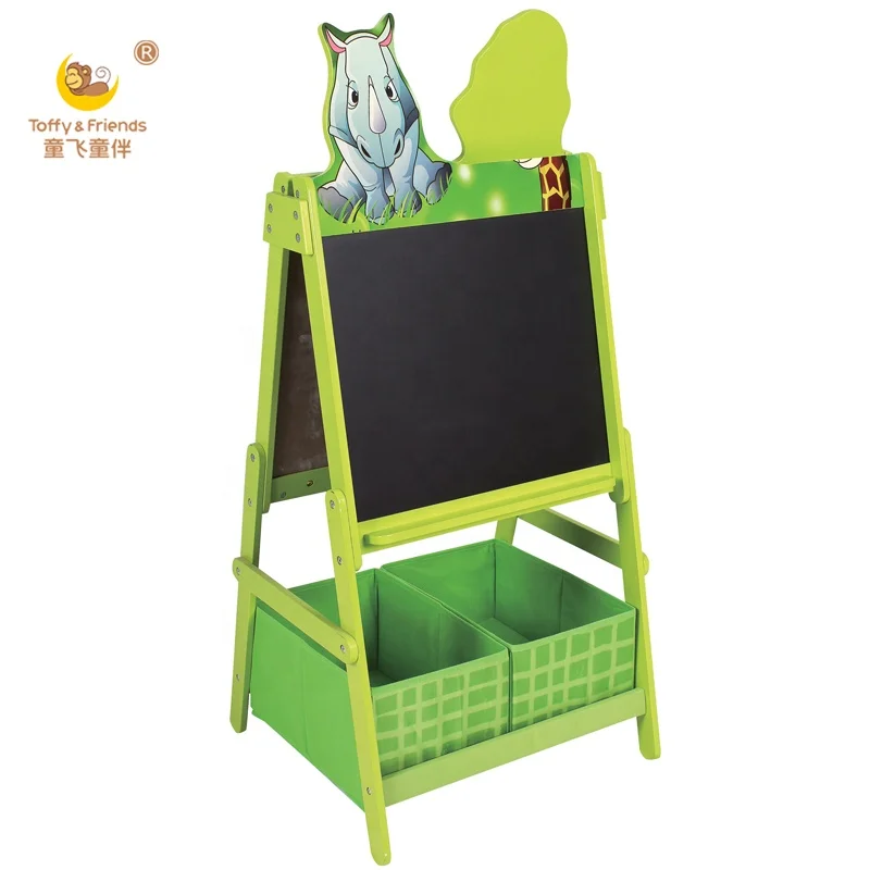 Toffy & Friends kids wooden painting easel chalkboard with storage bins in Jungle design