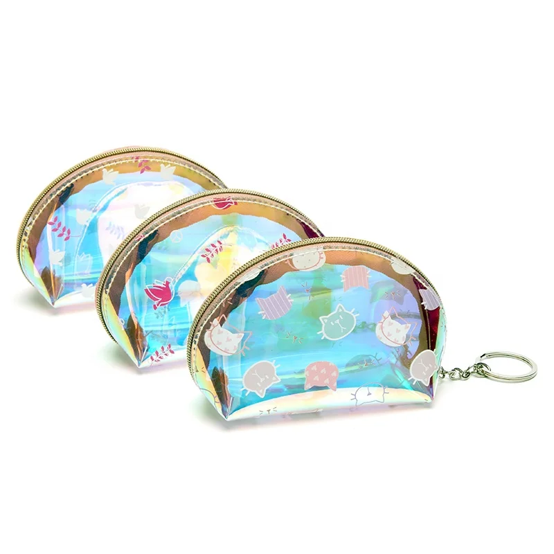 Factory Direct Holographic Change Purse with Key Ring Transparent Coin Purse with Zipper Laser PVC Key Coin Wallet