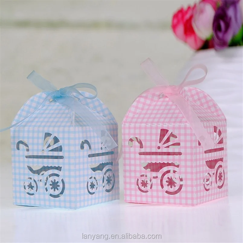 Blue White Checkered Baby Carriage Favor Candy Boxes Birthday Party Baby Shower Decorations