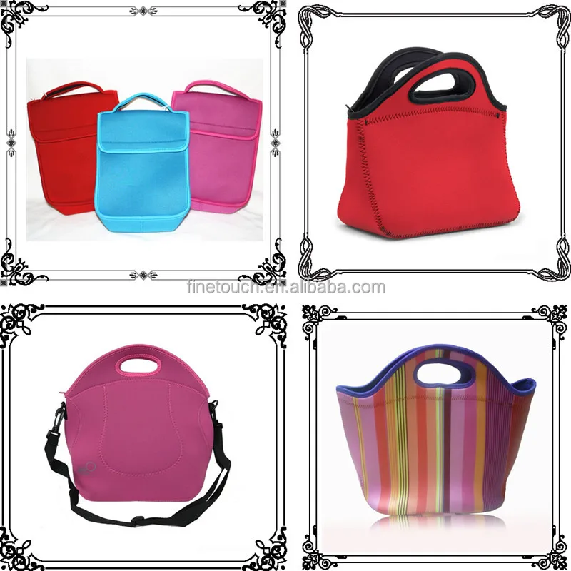 Printed neoprene lunch tote bag with shoulder strap
