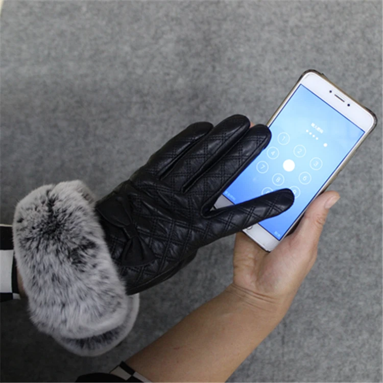 
Top Quality Winter Genuine Sheepskin Leather Glove With Real Rabbit Fur Trim 