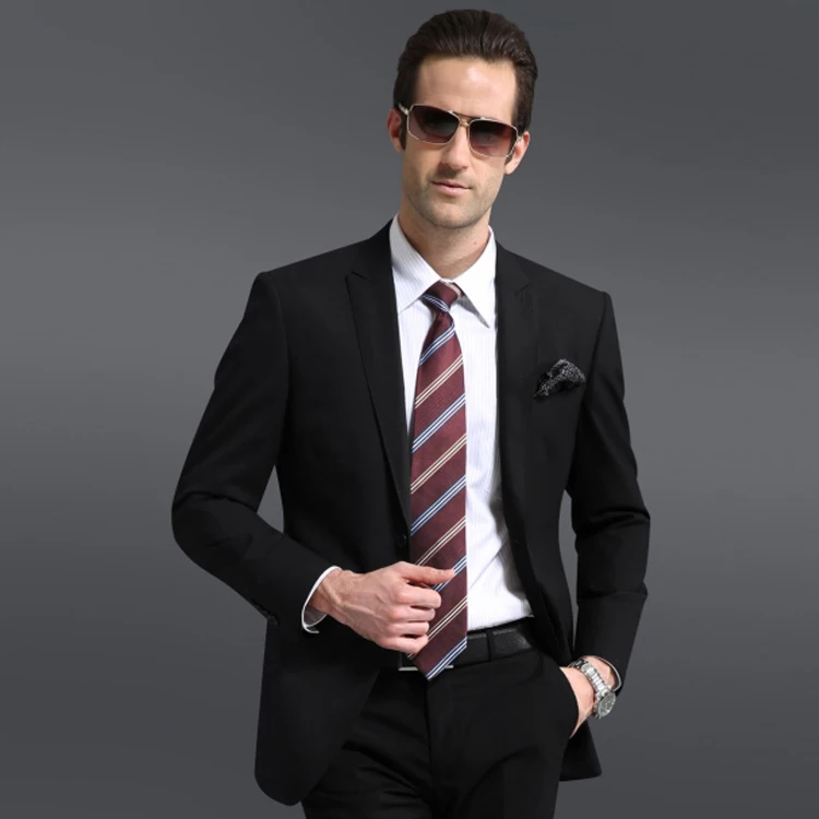 New style men slim fit suit 70% wool two buttons black Italian fabric suit