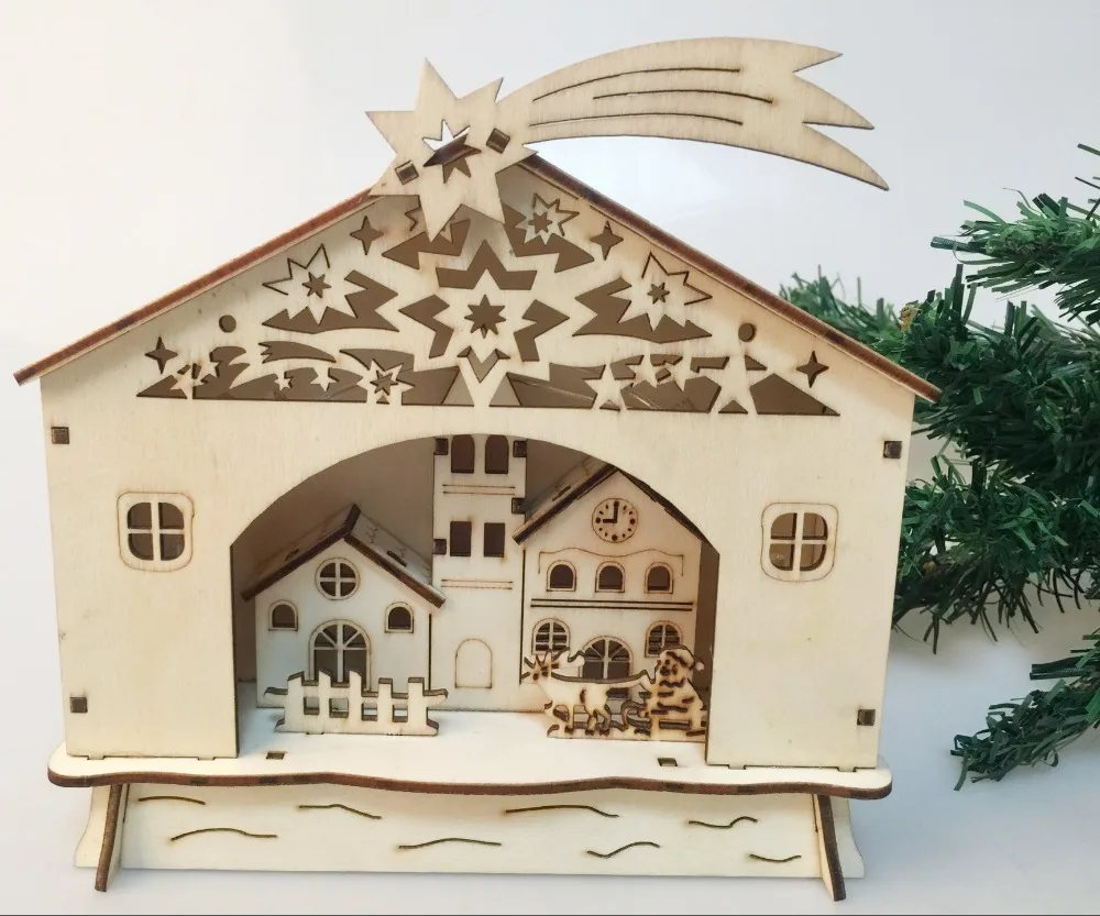 Теплые белые светодиодные светильники, деревянные рождественские украшения, рождественские украшения, церковный дом