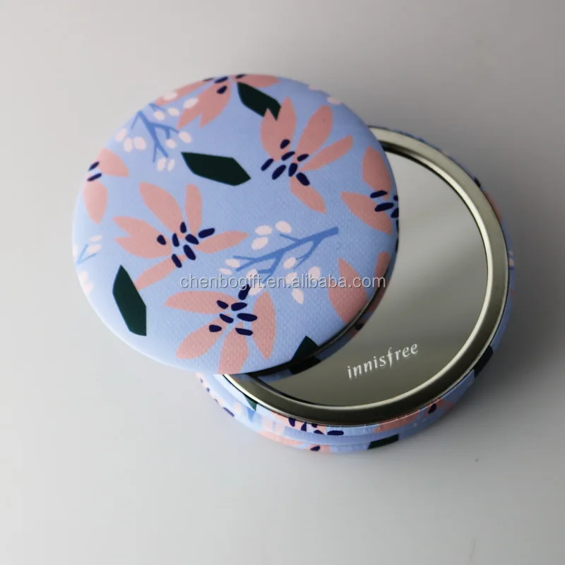personalized beautiful print tinplate round pocket mirror , printed 1 color logo girl makeup mirror