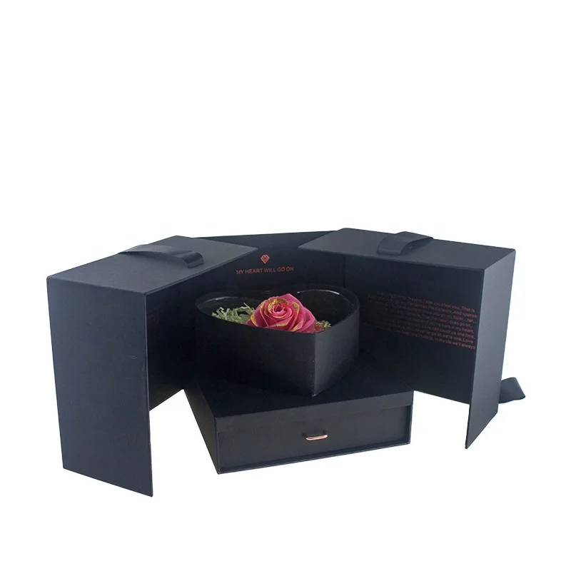 
FSC Special Design Custom Print Hot Stamping Logo Flower Packaging Ribbon Closure Black Gift Box with Paper Handbag 