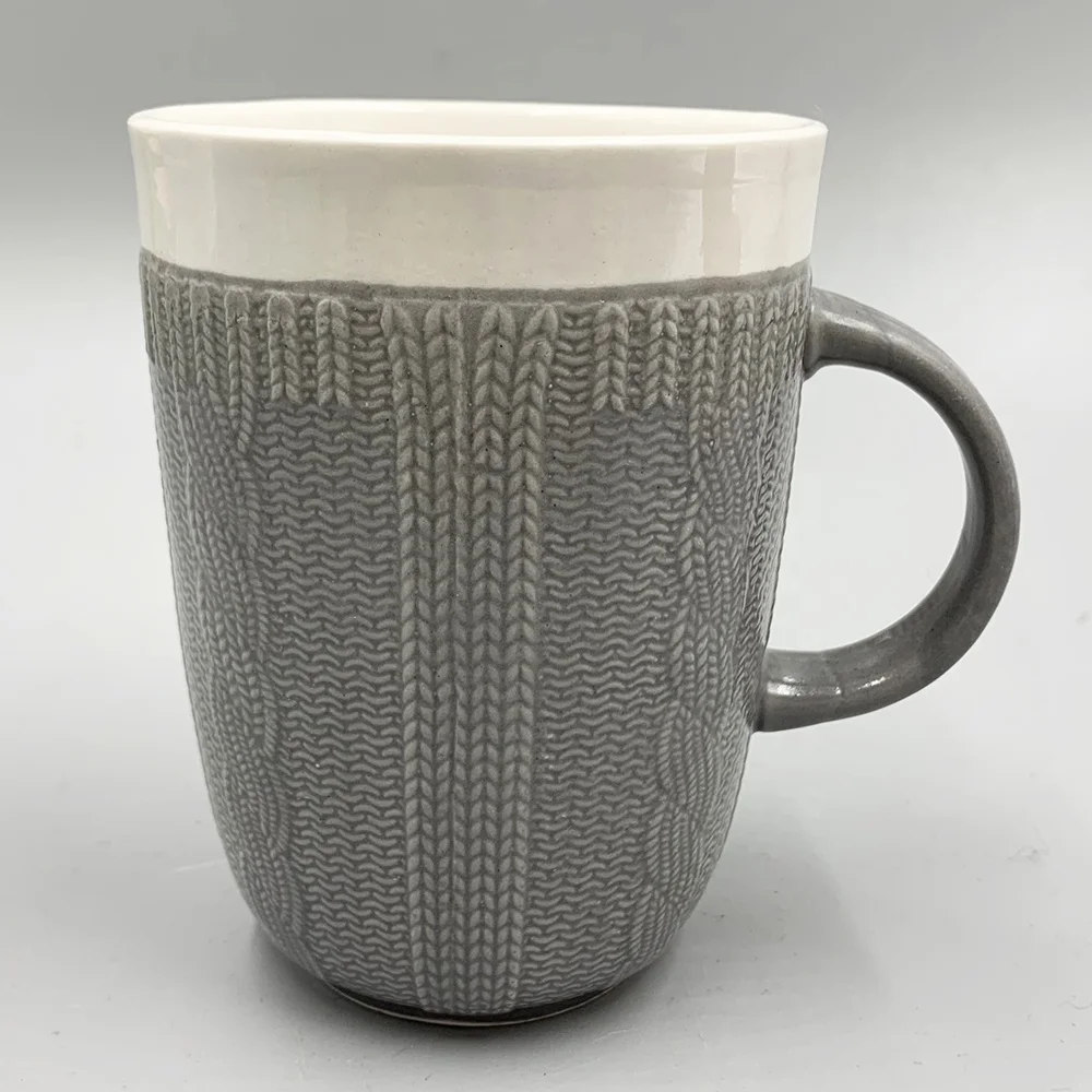 13OZ color glazed decorative ceramic emboss knit pattern mugs