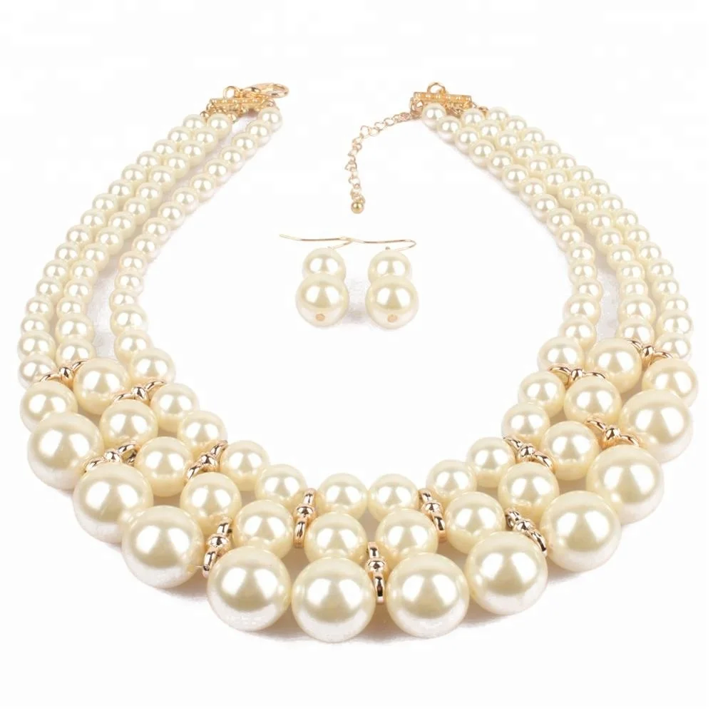 Fashion retro multi-layer pearl necklace earrings set African women exaggerated sweater chain