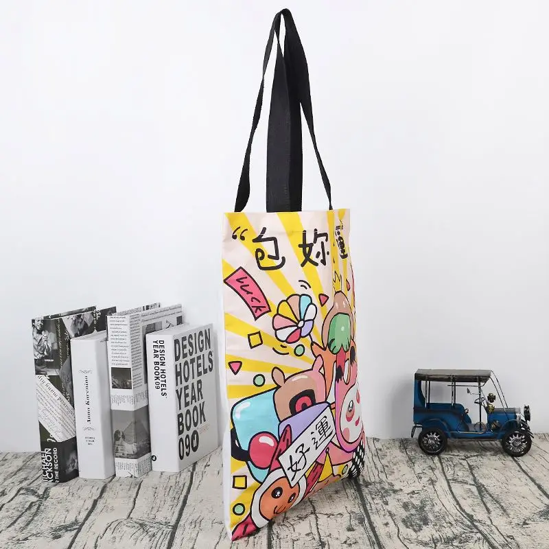 Пользовательская черная ручка полноцветная мультяшная сублимационная печать холст хлопчатобумажная сумка для шоппинга для женщин