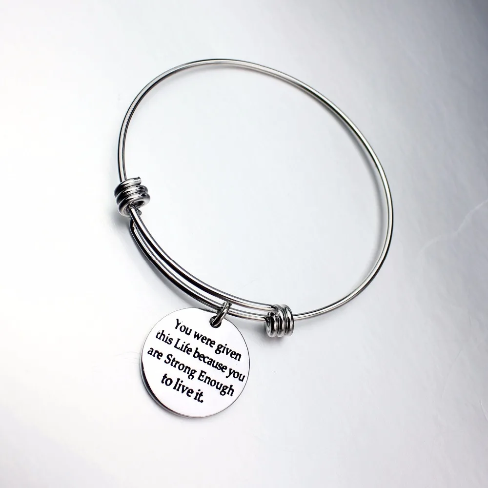 Womens Silver Stainless Steel message bracelet Engraved Message Motivational Inspirational Words Round Charm bracelet