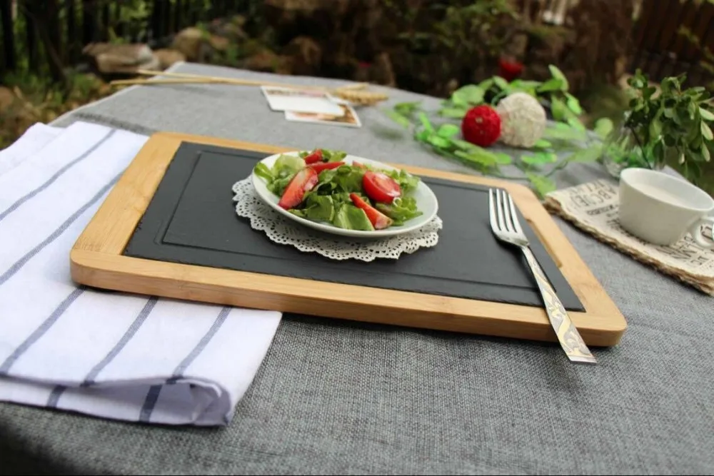Made In China Modern Sustainable Plate Dish 36*25*2cm Black Slate Fruit Tray Rectangle Wooden Slate Trays