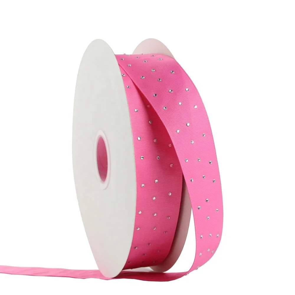 New design 38mm solid 4mm silver rhinestone printed grosgrain ribbon