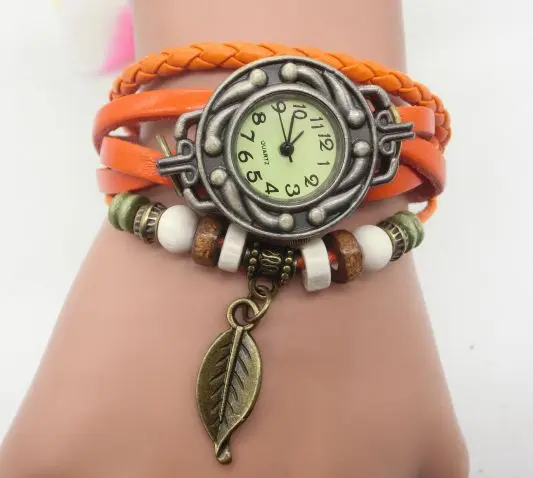 Wholesale Handmade Wrap Leather Braided Bead Wood Rope Bracelet Men Women Bracelet leaf Watch