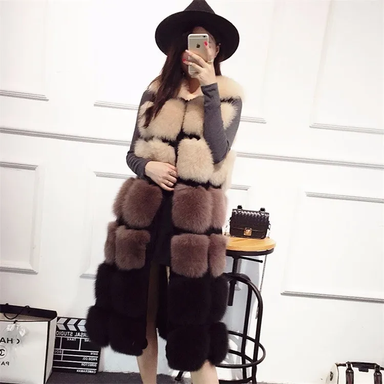 Winter Luxury Lady Mixed Color splicing Imitation Fox Fur Vest Fashion Women long Faux Fur Gilet