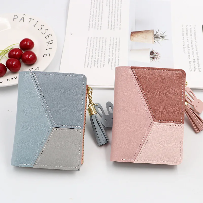Trendy Cheap Coin Purse Ladies Brand PU Leather Patchwork Matching Colors Mini Pouch Key Holder Short Wallet
