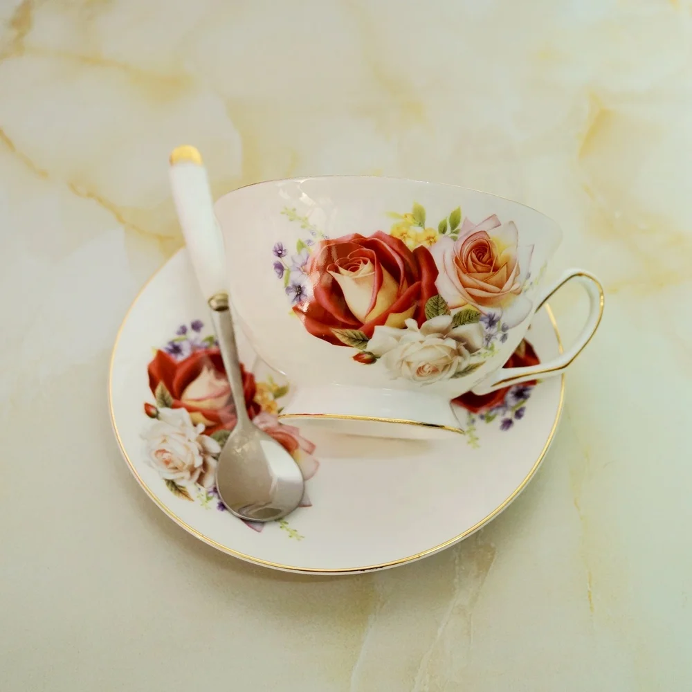 Wholesale High Quality Bone China Rose Coffee Cup And Saucer Sets