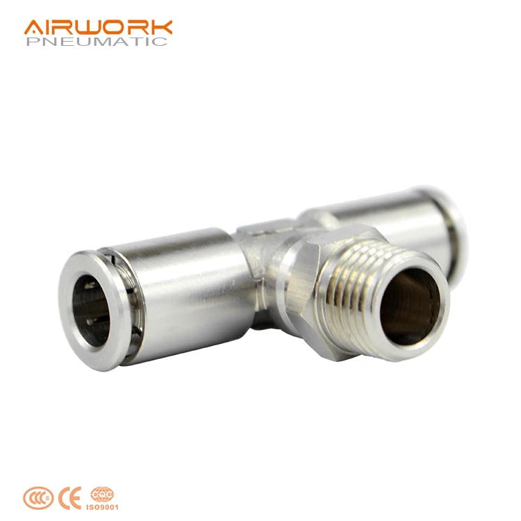 PB 1/2 tubing tee t-y pipe quick fitting brass pneumatic air hose metal quick connector 8-1/4