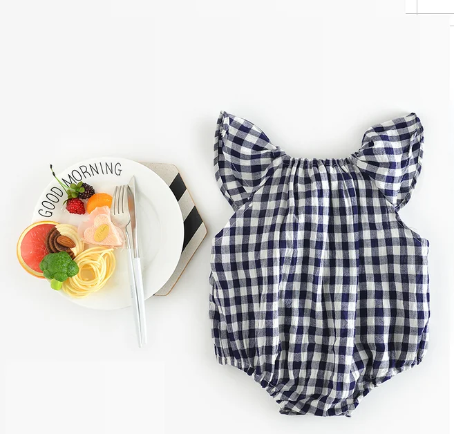 Wholesale baby clothing flutter sleeve linen cotton plaid baby jumpsuit toddler girls romper