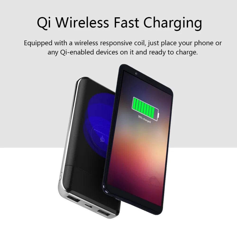 10000mAh Wireless Fast Charger LED Display Mobile Power Bank Case with Dual USB Port & Type-C Port