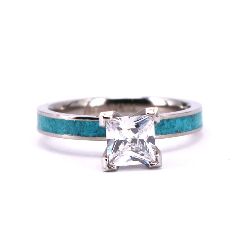 4mm Crushed Turquoise Women Ring Woman Titanium Wedding Engagement Ring Design Big Prong Set Cubic Zirconia Titanium Ring