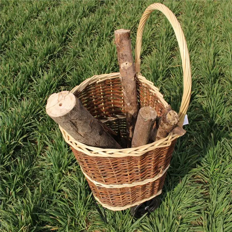Round Willow Art Woven Fireplace Wood Basket With Wheel Trolley