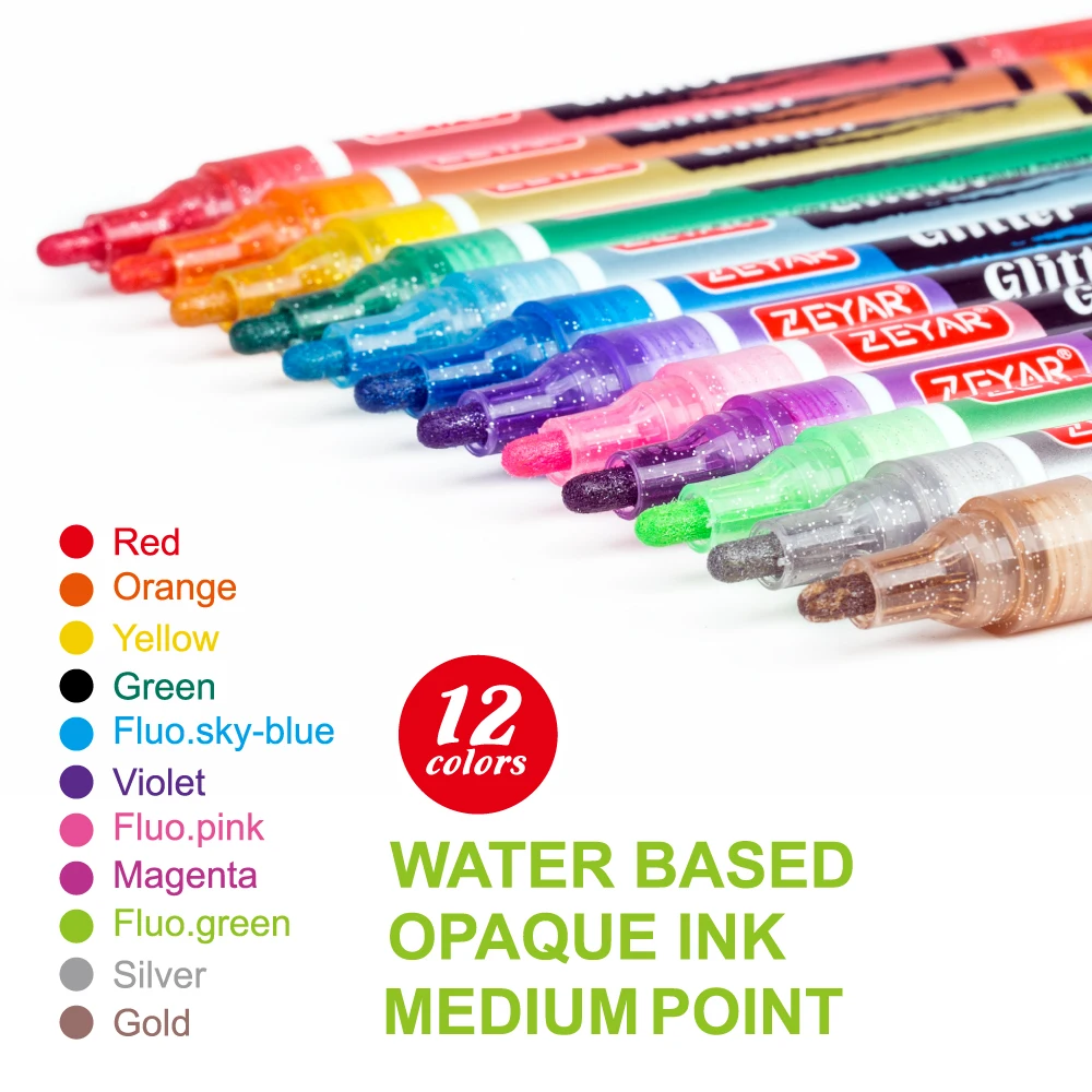 Индивидуальные zeyar блеск краски маркер на водной основе клапан краски действия ручки, средний наконечник, 12 видов цветов на водной основе краска акриловая ручка