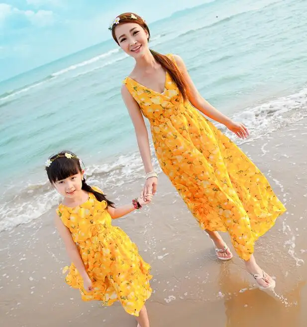 Платье для матери и дочери, шифоновые длинные пляжные Макси-платья