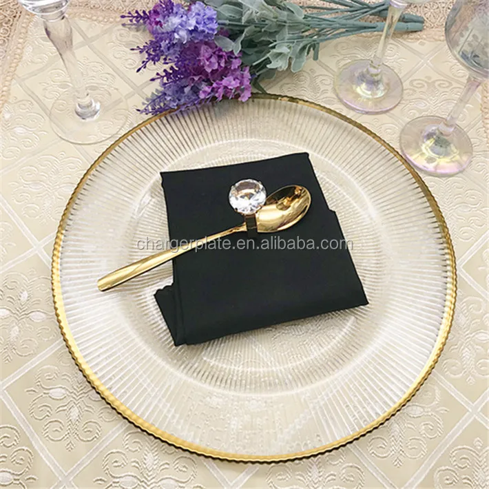 13inch Cheap Unique Ray Design Gold Rim Clear Glass Charger Plate Wedding Decoration Supplies