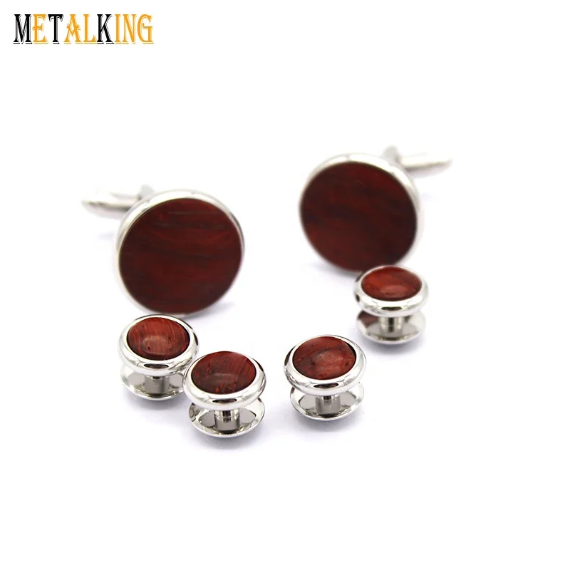 Vintage Style Red Wood Inlay French Cufflinks And Studs Set Suit For Mens Shirts Tuxedos