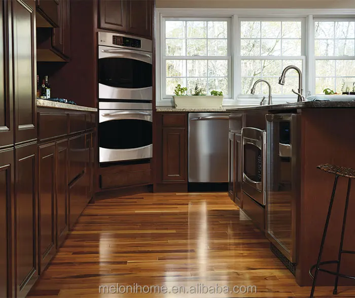 Solid Oak Timber Kitchen Set with Quartz Countertop,Waterproof Cabinets in Dark Wood