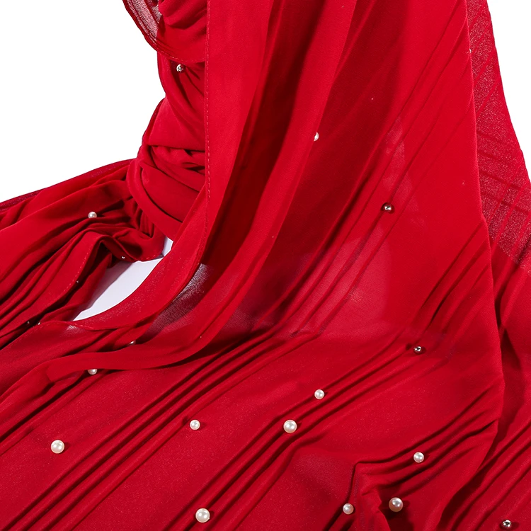 Women Dubai Hijab  Solid Pearls Long Pleated Muslim Chiffon Shawl  hijab