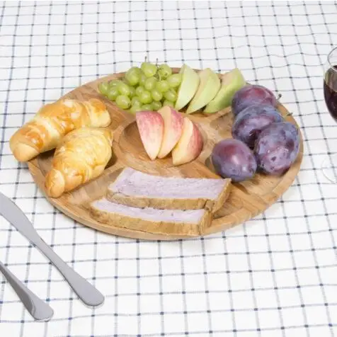 Недорогая круглая сухая деревянная бамбуковая разделительная тарелка для закусок с 5 отделениями на заказ