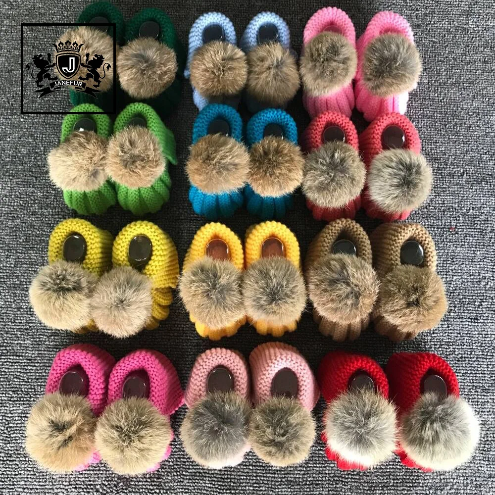 Hand Knitted Pom Fur Ball Boot Shoes For Baby Girl Crocheted Booties Socks With Shoe Print