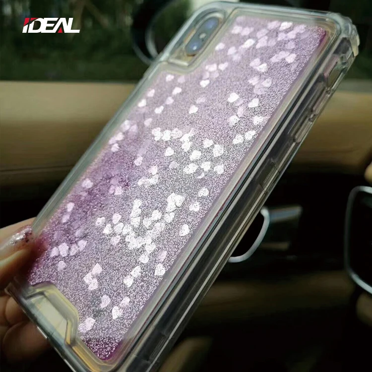 
Defender style quicksand heart plastic phone case for iphone 8 7 plus X XS with shockproof clip 