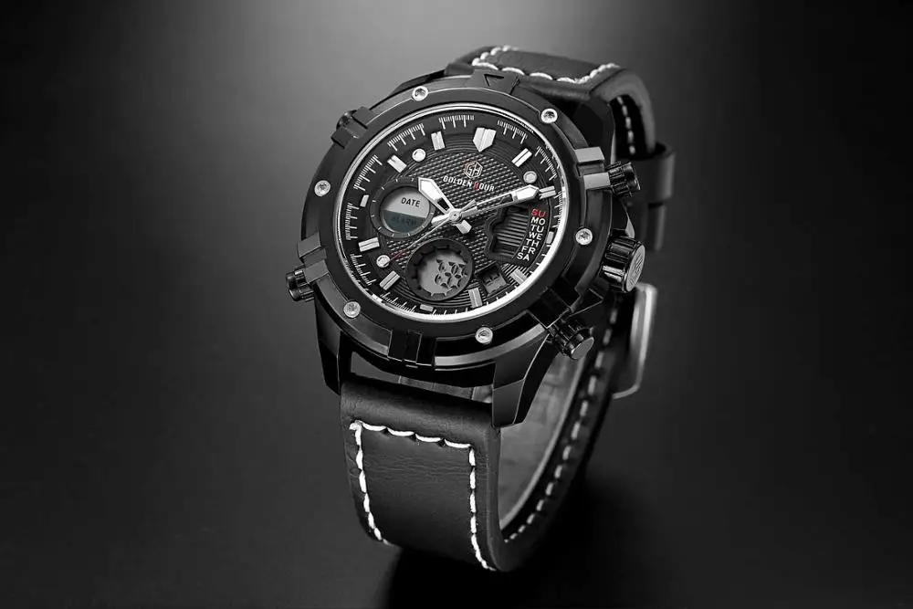 GOLDENHOUR sport watch countdown timer Leather Strap Waterproof Sport Chronograph Military Army watches For Men