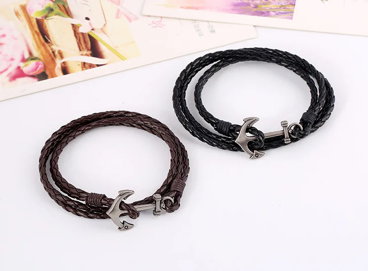 2019 PU Leather Bracelet Handmade Braid Bracelet With Metal Anchor Men Bracelet Jewelry
