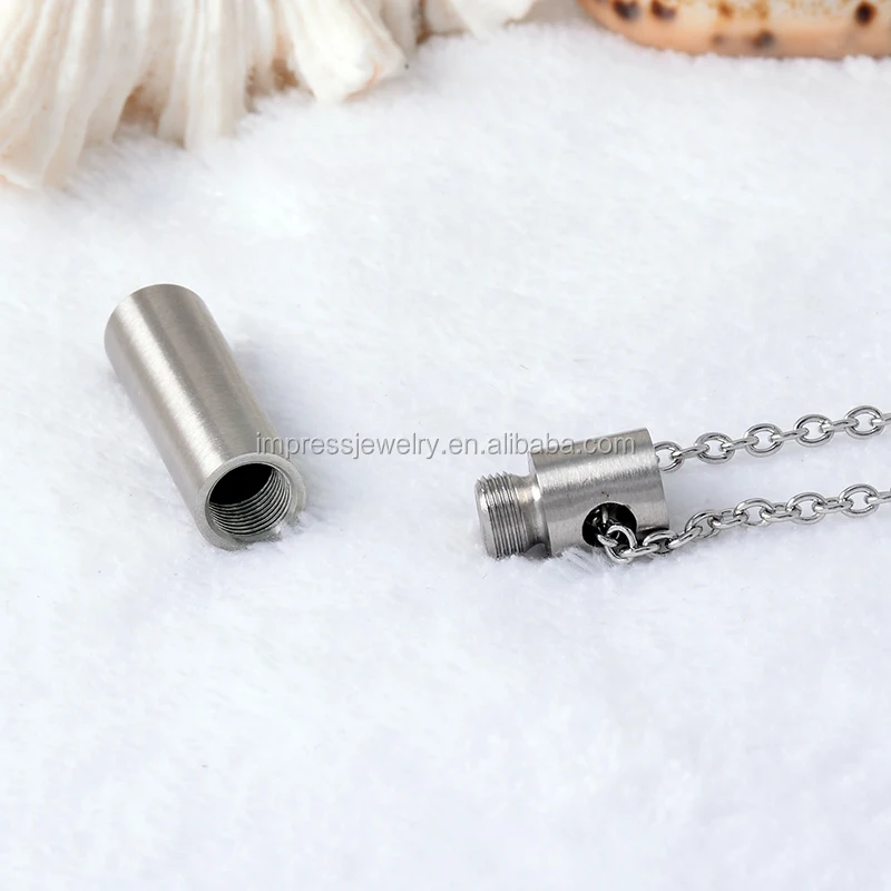  High Polish Silver Tone Cylinder Cremation Urn Necklace Engravable Stainless Steel Keepsake Jewelry Men Ashes Pendant