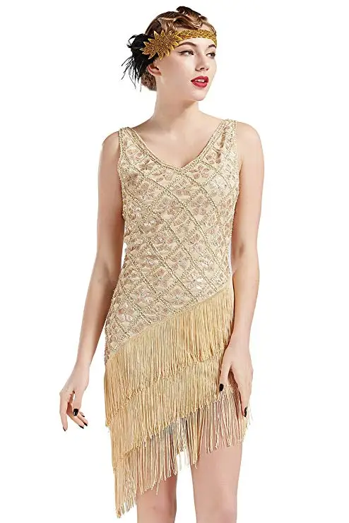 Hot Selling 1920s Vintage Flapper Sequined Dress Gatsby Fringed Dress Roaring 20s Party Dress V-Neck
