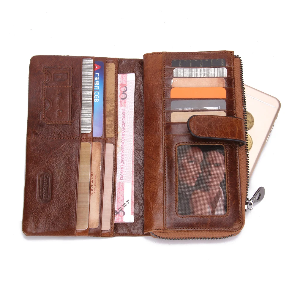Fashion Crazy Horse Genuine Leather Long Design Phone Men Wallet