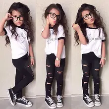 Girls Fashion Letter casual suit children clothing set Short Sleeve T Shirt Hole Pants 2015 summer