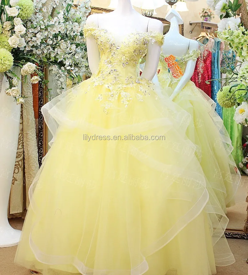 Colored Ladies Off Shoulder Floor Length Custom Made Formal Bridal Gowns Design HS326 yellow wedding dress