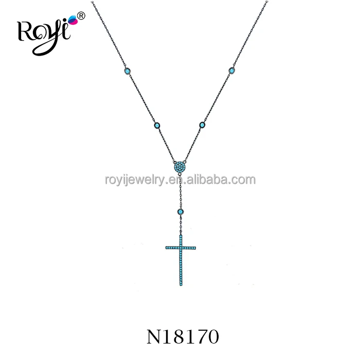 
Hot Selling Turkish Jewelry 925 Silver Cross Necklace Nano Turquoise Stone Necklace 
