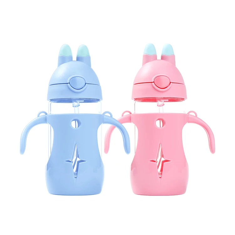 Promotional Custom Sports High Borosilicate Kids Water Bottle with protective cover and double handle portable 300ml
