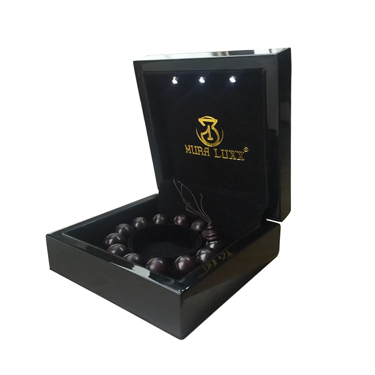 Luxury MDF Black varnish wooden jewellery wedding ring  lamp bracelet piano paint packaging jewelry box with LED light