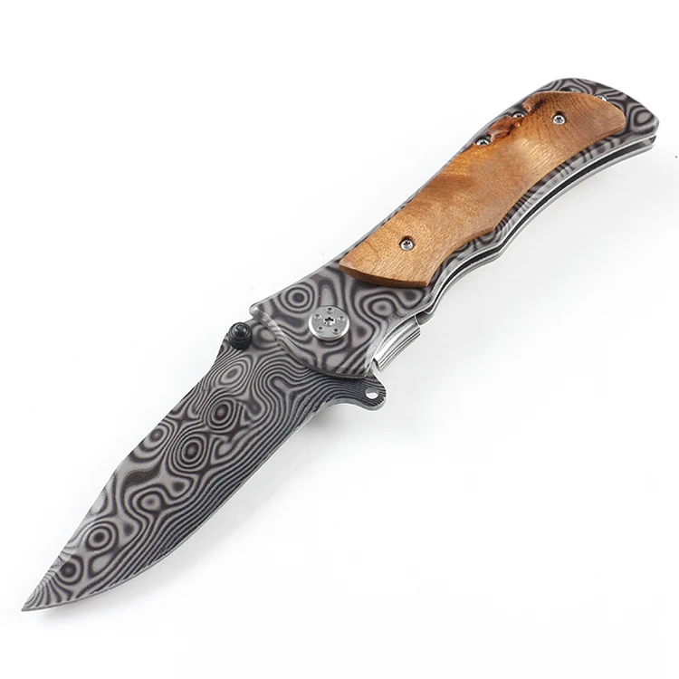 
Wooden handle folding pocket knife EDC knife with Damascus laser pattern surface 