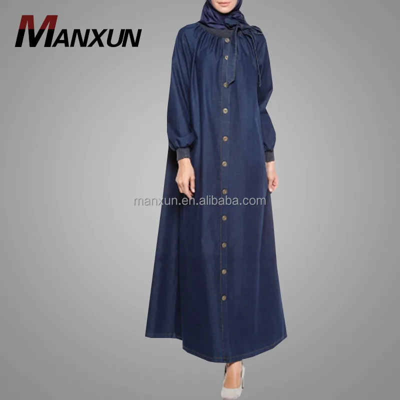 2018 Summer Muslim Denim Abaya Tie Back Islamic Clothing Maxi Jeans Dress Dubai Fashion Long Sleeves Dress