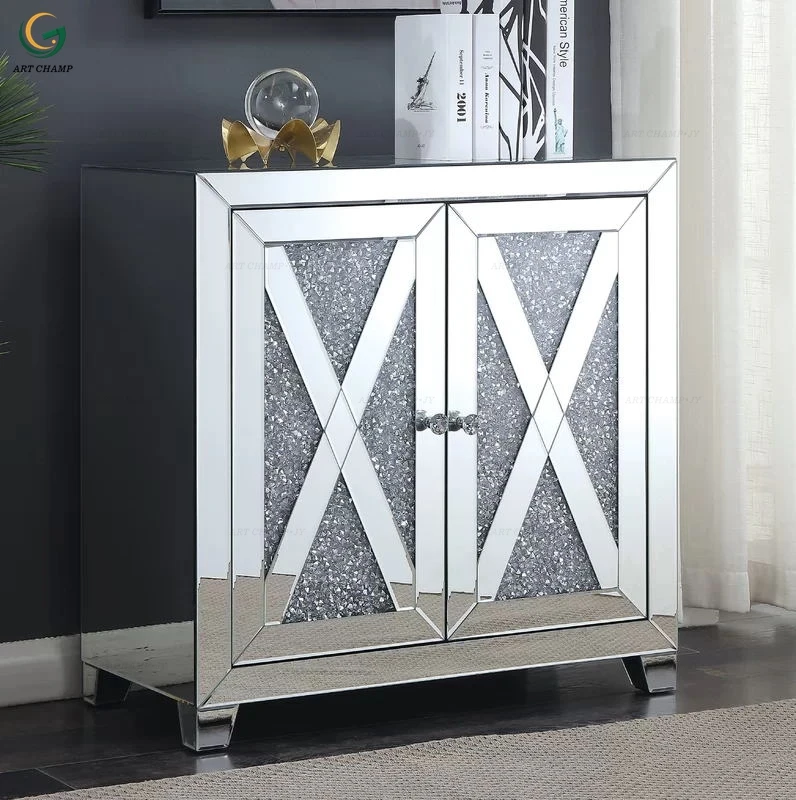 Modern home furniture diamond crush wood silver mirrored glass console table luxury