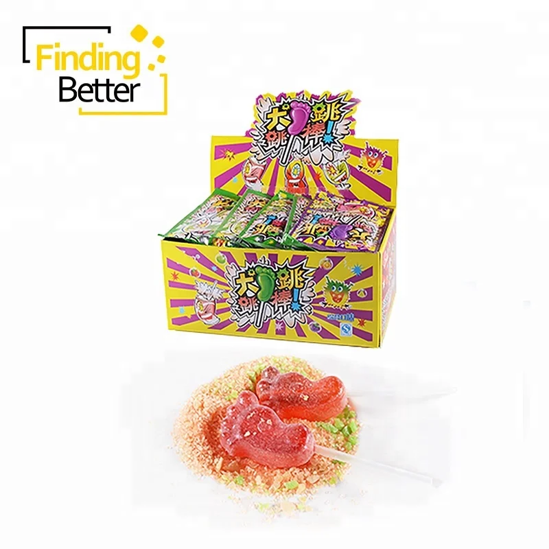 
Halal Sweets Magic Pop Rock Popping Candy Funny Pin Pon Foot Shape Lollipop with Popping Candy 