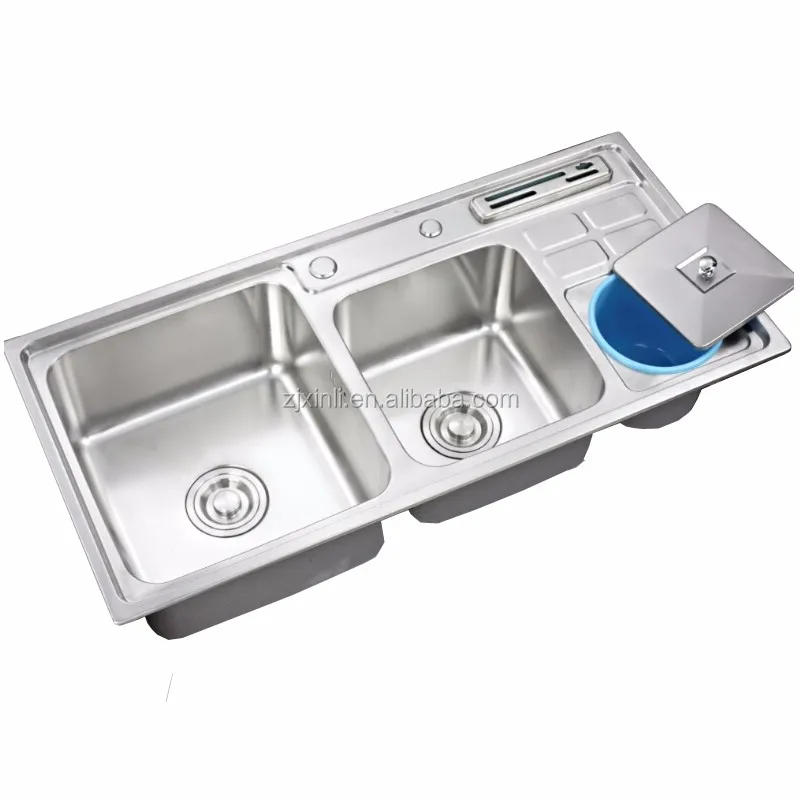 X26062 SUS 304 Material Counter Top Double Bowl with Garbage Bin and Knife Holder of Kitchen Sink