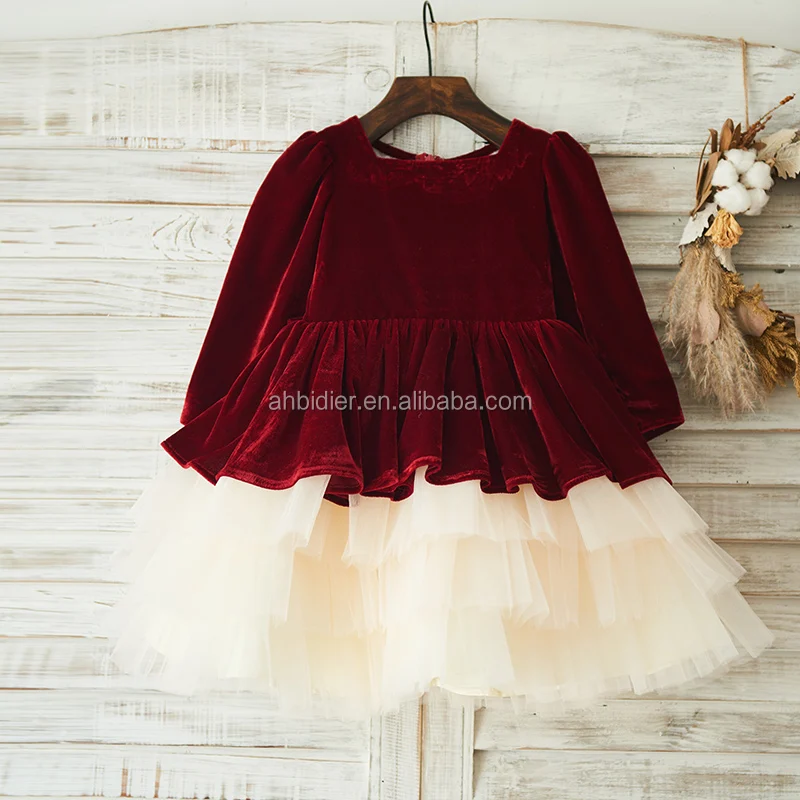 Long Sleeves Burgundy Red Velvet Champagne Tulle Lace Wedding Flower Girl Dress Princess Christmas Party Dress